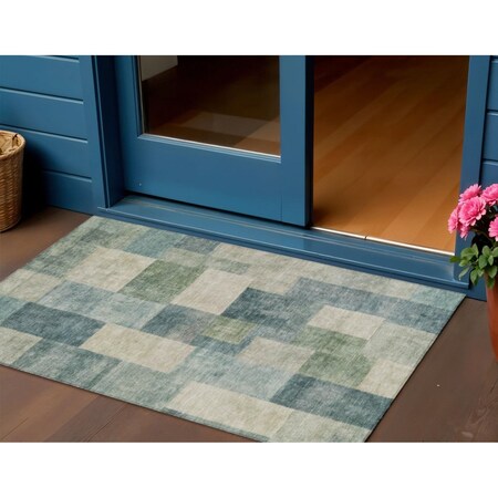 Homeroots 3' X 5' Blue Geometric Washable Indoor Outdoor Area Rug 608262