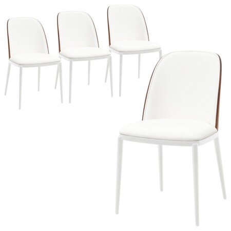 Leisuremod Tule Dining Side Chair with Leather Seat and White Powder-Coated Steel Frame, Walnut/White, 4PK TWCWN18W4