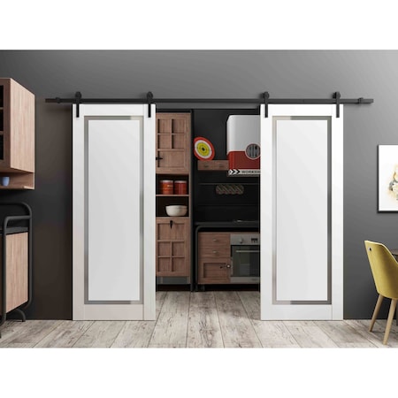 Sartodoors Sturdy Dbl Barn Door 36 x 96in W/, Painted White W/ Frosted Glass, 13FT Rail Hangers Heavy Set PLANUM0888DB-BEM-3696