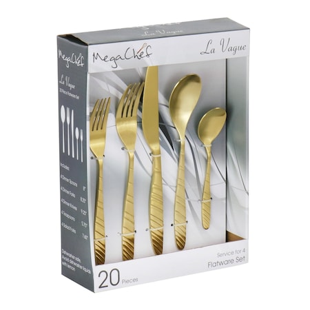 Megachef La Vague 20 Piece Flatware Utensil Set, Stainless Steel Service for 4 in Matte Gold MCFW-LA VAGUE-MATTEGOLD