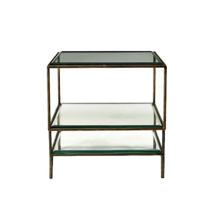 Homeroots 20" Bronze And Clear Glass And Iron Square End Table With Two Shelves 488530