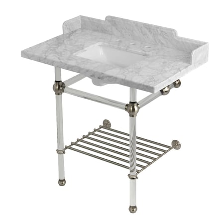 Kingston Brass 36-Inch Carrara Marble Console Sink with Acrylic Legs and Shelf, 8-Inch, 3-Hole LMS36MASQB8