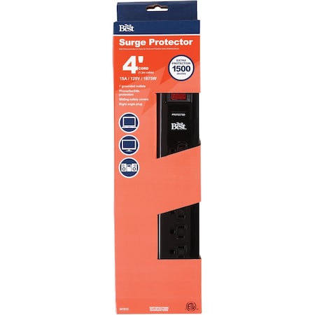 Do It Best 7-Outlet 1500J Black Computer Phone Or Fax Surge Protector Strip with 4 Ft. Cord LTS-7PC-B/A14