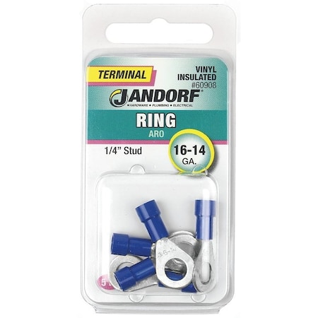 Jandorf Ring Terminal, 16 to 14 AWG Wire, 1/4 in Stud, Vinyl Insulation, Copper Contact, Blue 60908