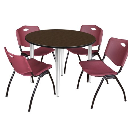 Regency Round Kahlo Breakroom Table W/ 4 M Stack Chairs, 48 in W, 48 in L, Neo Walnut TPL48RNDNWCM47BY