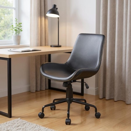 Homeroots Black Upholstered Faux Leather and Steel Adjustable Swivel Rolling Office Chair 568059