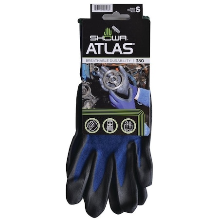 Showa Atlas Showa Coated Gloves, S, 8-21/32 to 10-15/64 in L, Elastic Cuff, Nitrile Foam Coating, Black/Blue 380S-06.RT