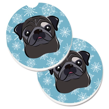Carolines Treasures Snowflake Black Pug Set of 2 Cup Holder Car Coaster BB1697CARC