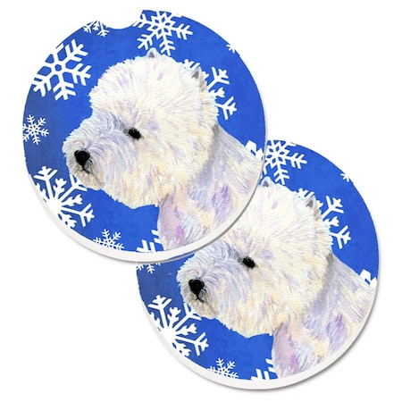 Carolines Treasures Westie Winter Snowflakes Holiday Set of 2 Cup Holder Car Coaster LH9270CARC