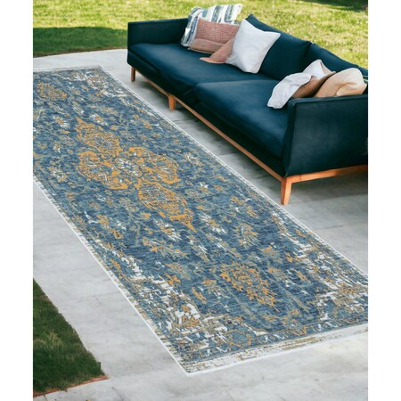Homeroots 2' X 8' Blue and Ivory Medallion Stain Resistant Indoor Outdoor Runner Rug 548903
