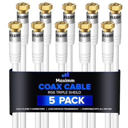 Maximm RG6 Coaxial Cable, White, 1.5 Foot, 5PK Coax -1.5FT - 5PK - white