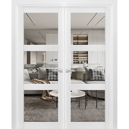 Sartodoors Solid French Double Doors 3 Lites, Lucia 2555 White Silk with Clear Glass, Wood Solid Panel Frame LUCIA2555DD-WS-36
