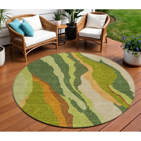 Homeroots 8' Green Beige And Copper Round Abstract Washable Indoor Outdoor Area Rug 600968