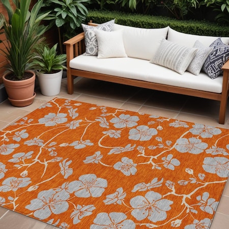 Homeroots 10' X 14' Orange And Gray Floral Washable Indoor Outdoor Area Rug 600035