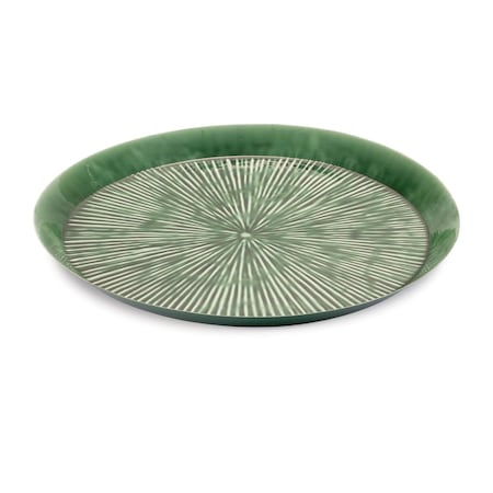 Homeroots 14" Green Metal Etched Round Serving Tray 634509