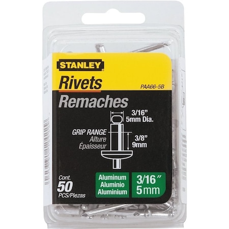 Stanley Pop Rivet, Reusable, 3/8 in Grip, 3/16, Aluminum, 50/PK, 50PK PAA66-5B