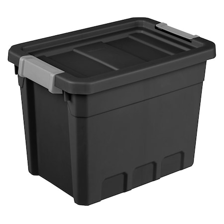 Stackable Storage Tote W/ Lid, 18 in L x 12-5/8 in W x 13-1/4 in H, Black, Plastic