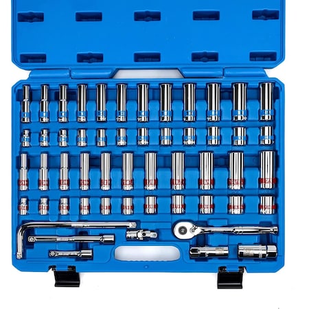 Neiko 0.375 in Drive CrV Steel SAE Socket and Ratchet Set, 53-Pieces, 5/16 in to 7/8 in Size 02513A