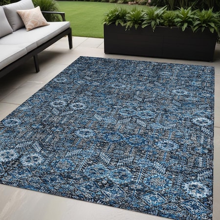 Homeroots 5' X 8' Blue and Black Floral Washable Non Skid Indoor Outdoor Area Rug 564306
