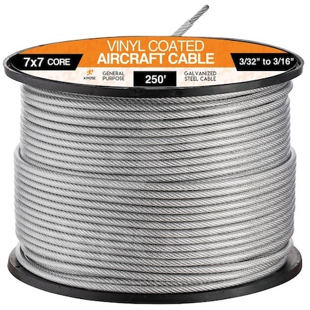 Xpose Safety 7x7 Vinyl Coated Galvanized Steel Aircraft Cable Wire 250' Reel, 3/32 to 3/16 GCV332-316-250-X