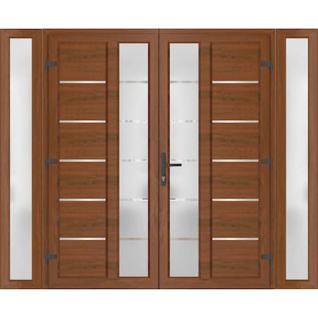 Vdomdoors Front Exterior Prehung Metal-Plastic Double Doors / MANUX 8088 Walnut / 2 Sidelites Exterior WindoW MANUX8088DEXD-WLN-LH-W12+72+12xH80