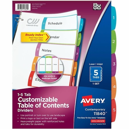 Avery Dennison Avery, CUSTOMIZABLE TOC READY INDEX MULTICOLOR DIVIDERS, 1-5, LETTER 11840