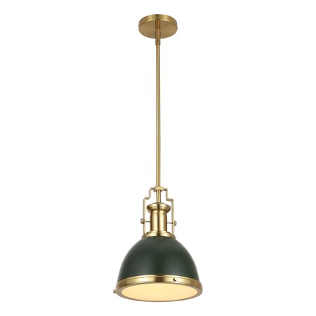 Jonathan Y Homer 10" 1-Light Modern Industrial Metal LED Dome Pendant, Kombu Green/Brass Gold JYL9535H