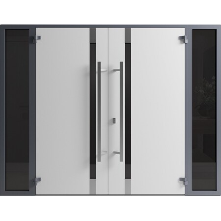 Vdomdoors Front Exterior Prehung Aluminum Double Doors Ronex1011 Grey 2 Sidelights Mirrored Clear Glass Entry RONEX1011DEXD-GRE-W12+72+12xH80-LH-O
