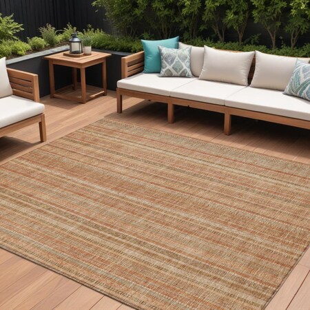 Homeroots 9' X 12' Rust Beige And Linen Striped Washable Indoor Outdoor Area Rug 616410