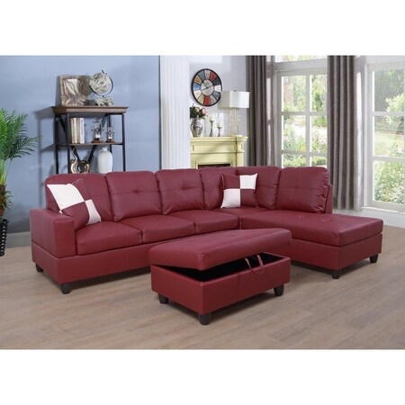 Golden Coast Furniture Right Facing Sectional Sofa Set with Ottoman, Faux Leather Red F094B