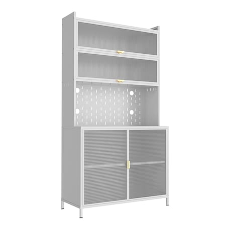 Homeroots 73in White Stainless Steel Textured Door Dining Hutch With Two Doors 683396