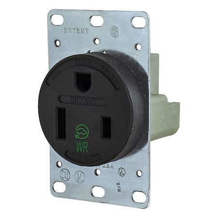 Bryant Straight Blade Receptacle, 6-50R, 50 A, 250V AC, 2 Pole, 3 Wire, Flush Mount, Grounded 9650FR