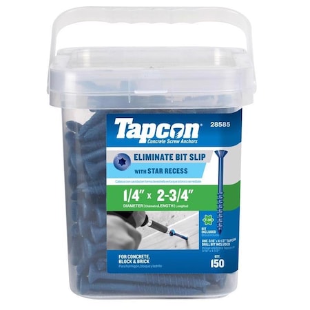 Tapcon 1/4-inch x 2-3/4-inch Climaseal Blue Flat Head T30 Concrete Screw Anchors With Drill Bit, 150PK 3340T30