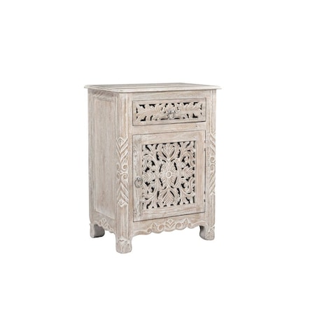 Homeroots 30" Distressed White One Drawer Carved Floral Solid Wood Nightstand 521198