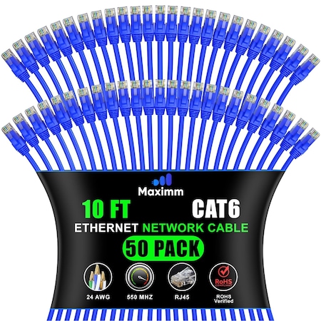 Maximm Cat6 Ethernet Cable 10Gbps 550MHz UTP, 50PK, Blue, 50PK BL50PK11