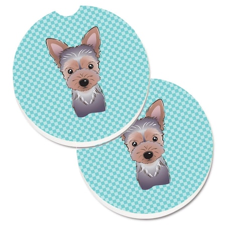 Carolines Treasures Checkerboard Blue Yorkie Puppy Set of 2 Cup Holder Car Coaster BB1170CARC