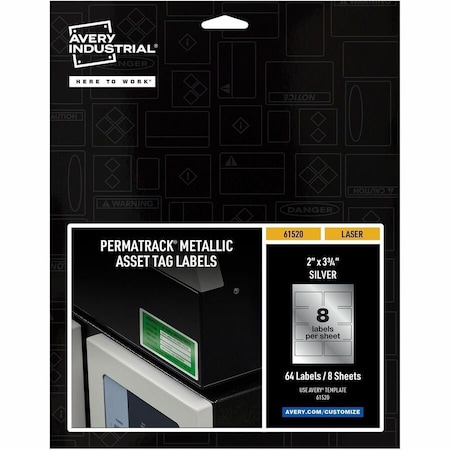 Avery Durable Metallic Asset Tag Labels, PK64, Film, 9.44 in W, 2" x 3-3/4" Dia., Silver, Rectangle, 64 PK 61520