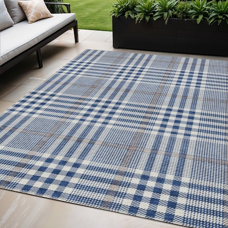 Homeroots 5' X 8' Navy Blue Ivory And Brown Plaid Washable Indoor Outdoor Area Rug 601489