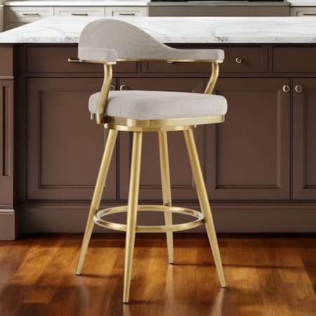 Homeroots 26" Taupe and Gold Fabric and Stainless Steel Counter Height Swivel Bar Chair 569152