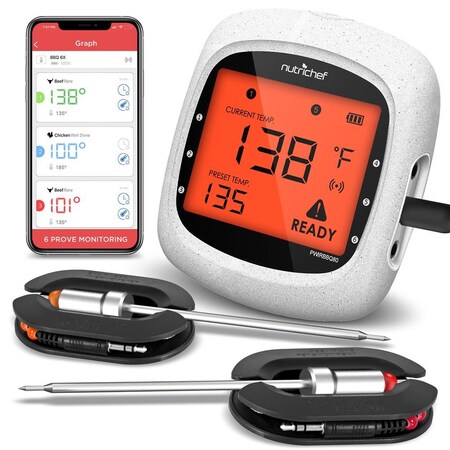 Nutrichef Bluetooth Meat Thermometer for Grilling and Smoking, up to 6 Temperature Probes and Smart APP, 400 PWIRBBQ80