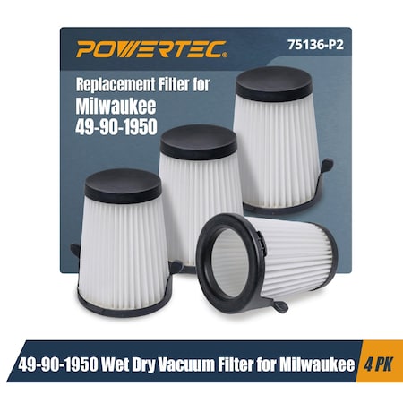 Powertec 49-90-1950 Wet Dry Vacuum Filter for Milwaukee M12 0850-20 Compact Vacuum, 4PK 75136-P2