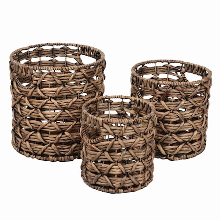 Happimess Lattice Bohemian Coastal Handwoven Water Hyacinth Rope Nesting Baskets w/Handles, Brown, Set of 3 BSK2032B-3SET