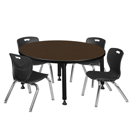 Regency Round Kee Adjustable Classroom Table W/ 4 Andy Stack Chairs, 36 in W, 36 in L, Neo Walnut TB36RNDNWAPBK45BK