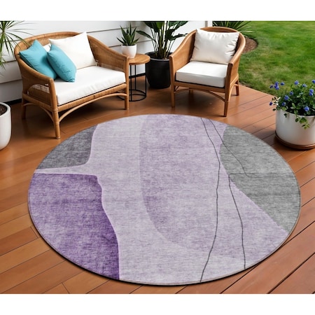 Homeroots 8' Purple Eggplant And Gray Round Abstract Washable Indoor Outdoor Area Rug 582028
