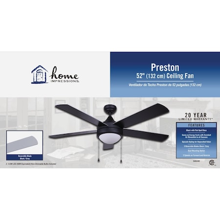 Home Impressions Preston 52'' Black Ceiling Fan with Light Kit CF52PR35BK-B