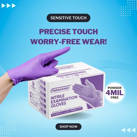Paramount Paramount1000P, Disposable Gloves, 4 mil Palm, Nitrile, Powder-Free, XXL, 1000 PK, Purple XXL