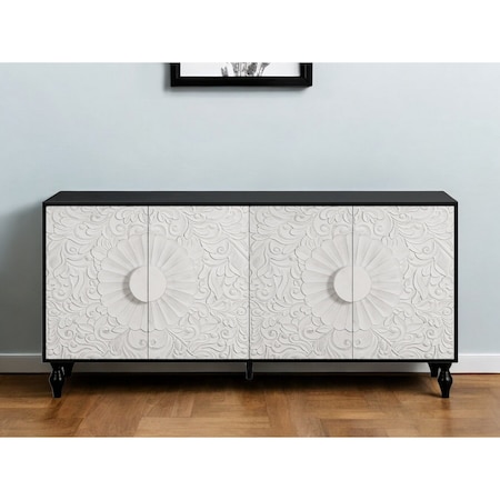 Homeroots 68" Black and White Distressed Carved Floral Sideboard with Four Doors 568415