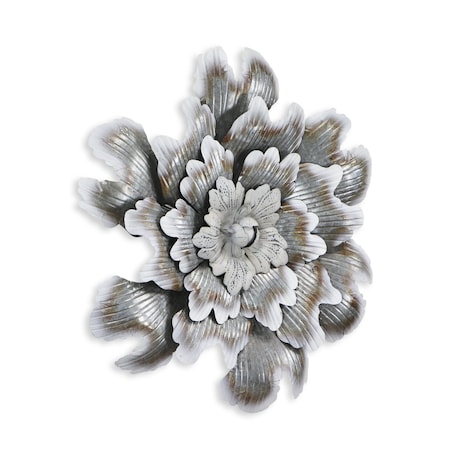 Homeroots 27" X 27" Gray and Off White Galvanized Metal Flower Hanging Dimensional Sculpture 483329