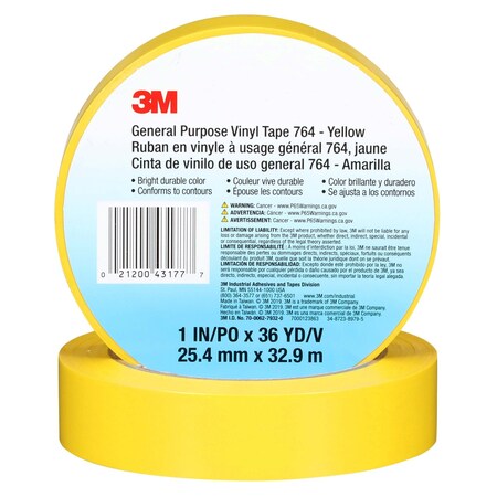 3M GenerlPurposeVnylTp764Yellow, 1n, PK36 43177