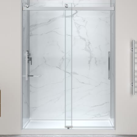 Anzzi 76'' x 45-48'' Sliding Frameless Shower Door in Brushed Nickel with Center Drain Alcove Shower Base SD-5901103C-BN